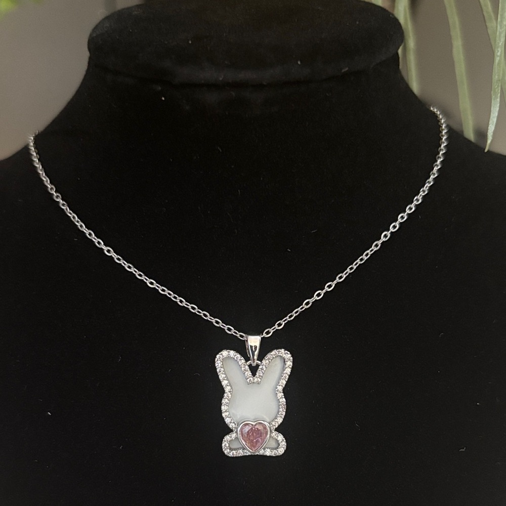 Stainless Steel Bunny Pendant Necklace with Pink Heart Accent